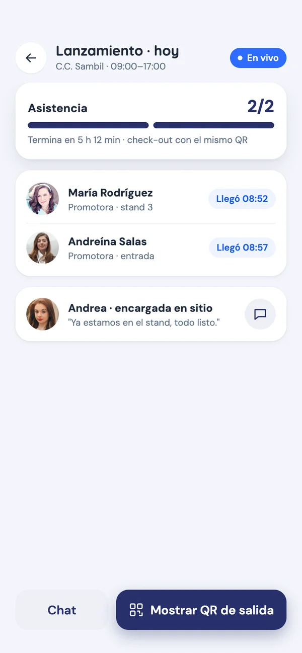 App de empresa: asistencia del equipo en vivo con check-in