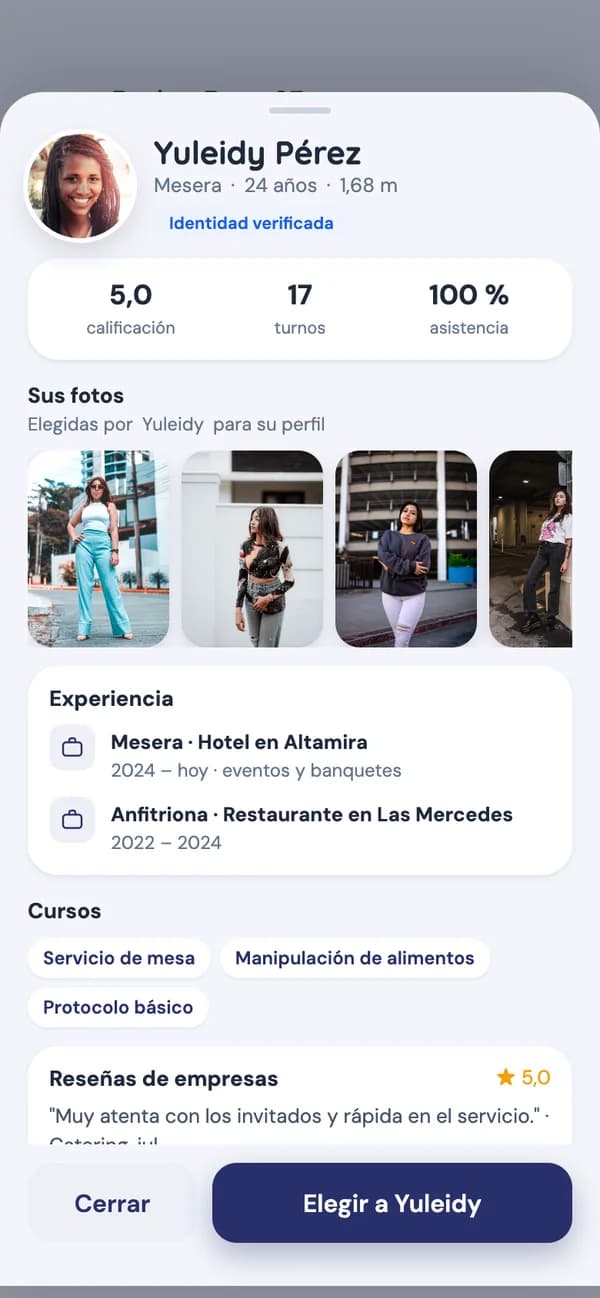 App de empresa: perfil de una candidata con botón para elegirla
