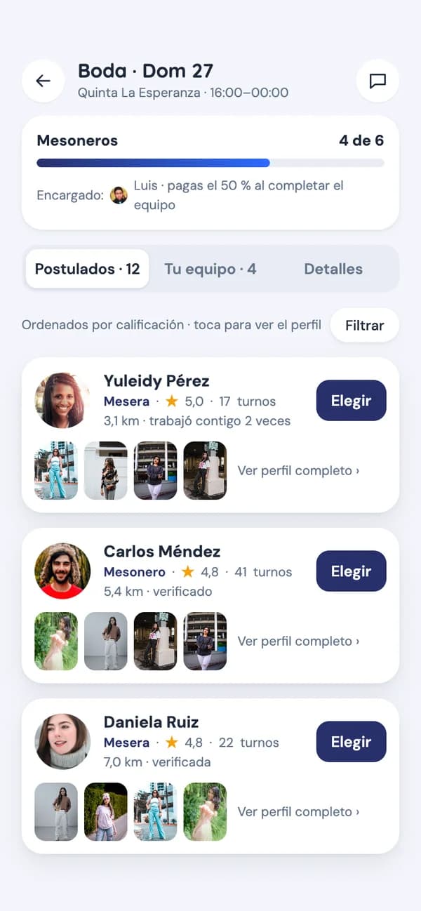 App de empresa: lista de postulados verificados con rating