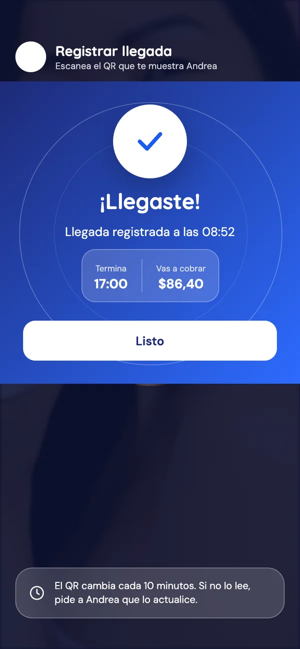 App de talento: llegada registrada con código QR