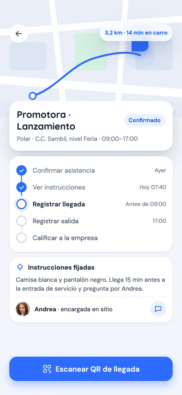 App de talento: turno de hoy con mapa, distancia al evento, pasos e instrucciones