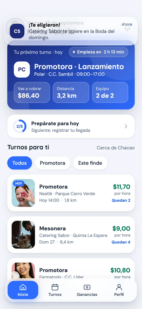 App de talento: inicio con el próximo turno y turnos cerca