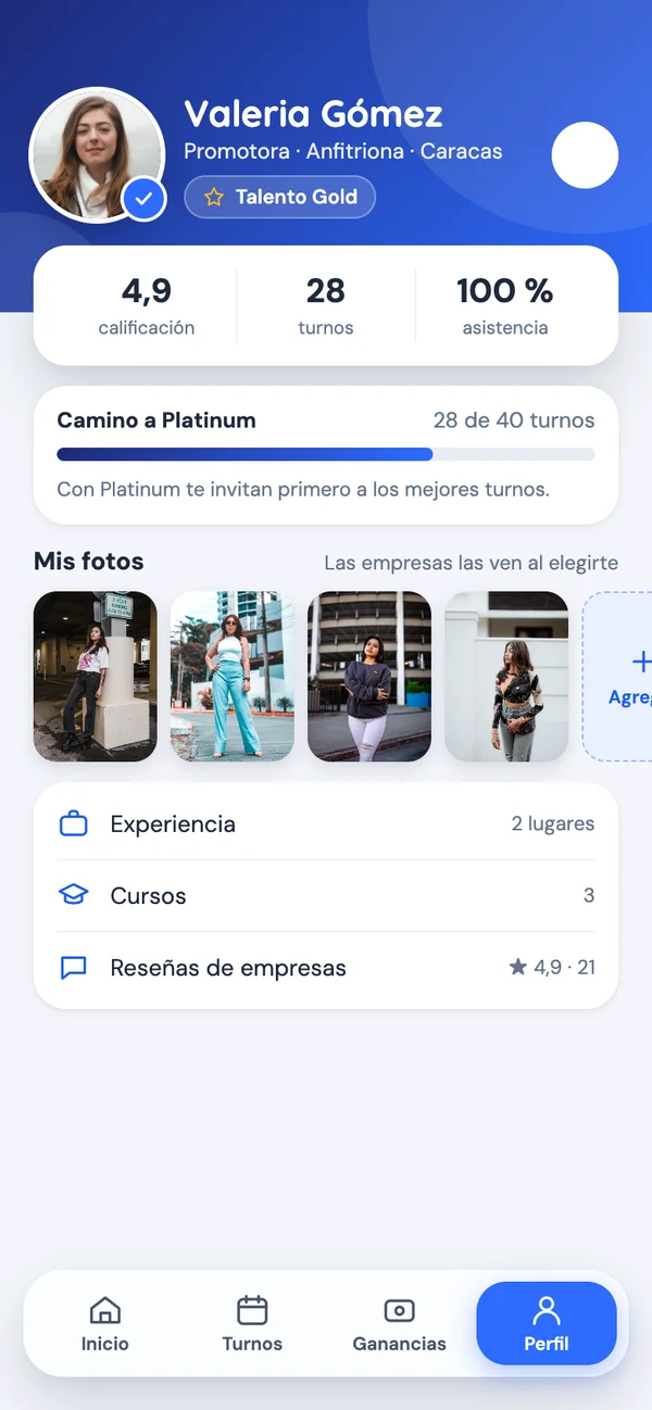 App de talento: perfil con rating y fotos