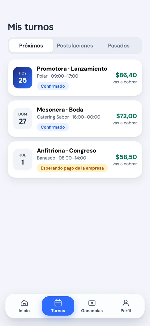 App de talento: mis turnos confirmados y lo que vas a cobrar