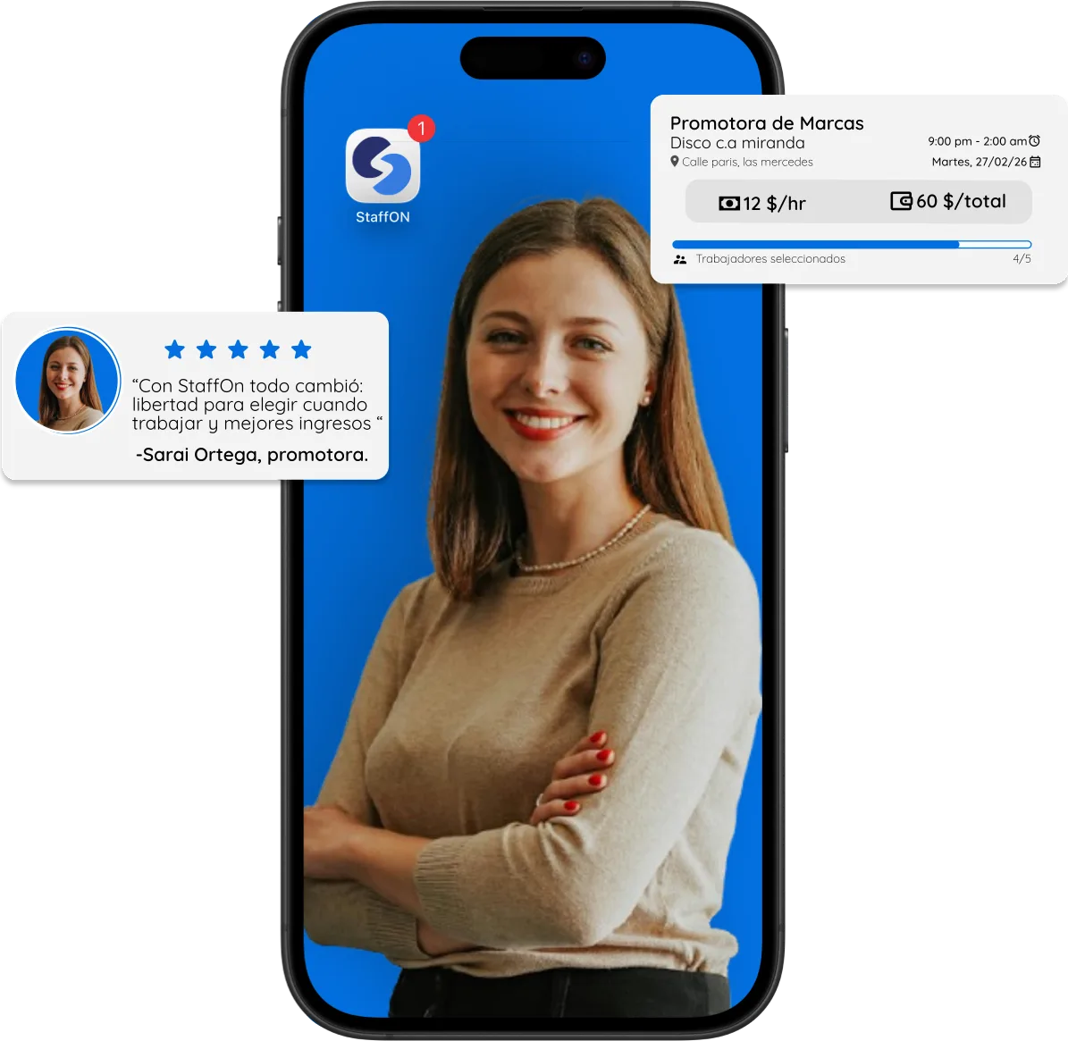 App de StaffON con un turno de promotora y la reseña de una trabajadora
