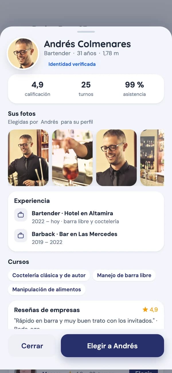 App de empresa: perfil verificado de un bartender con rating, fotos y experiencia