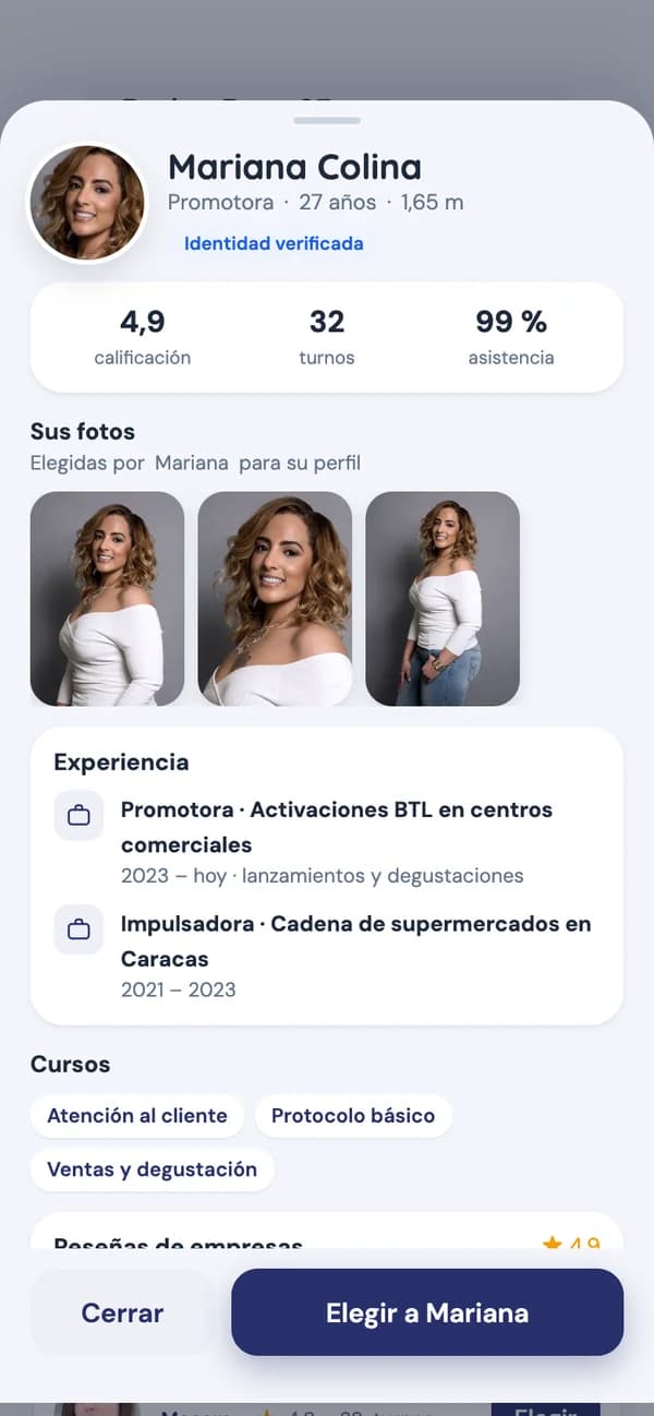 App de empresa: perfil verificado de una promotora con rating y reseñas